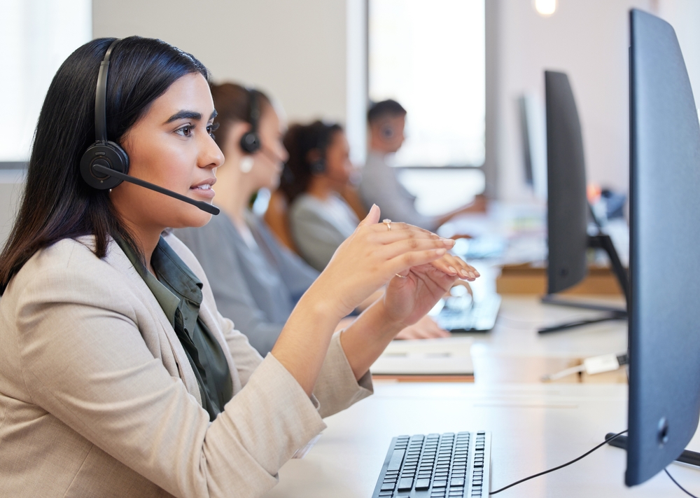 Call,Center,,Discussion,And,Woman,With,Headphone,,Computer,And,Communication